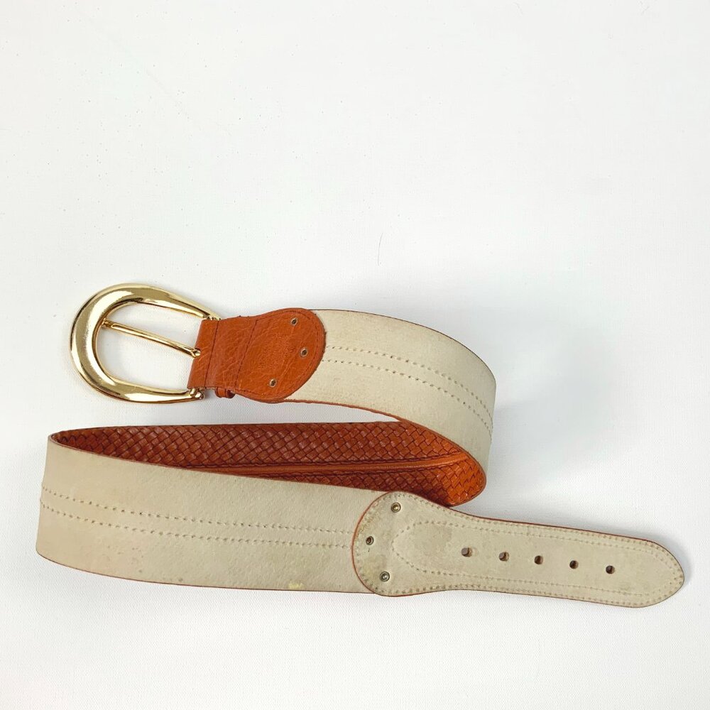 MICHAEL KORS Wide Leather Busket Weave Brown Belt Gold Buckle Sz M - Picture 15 of 16